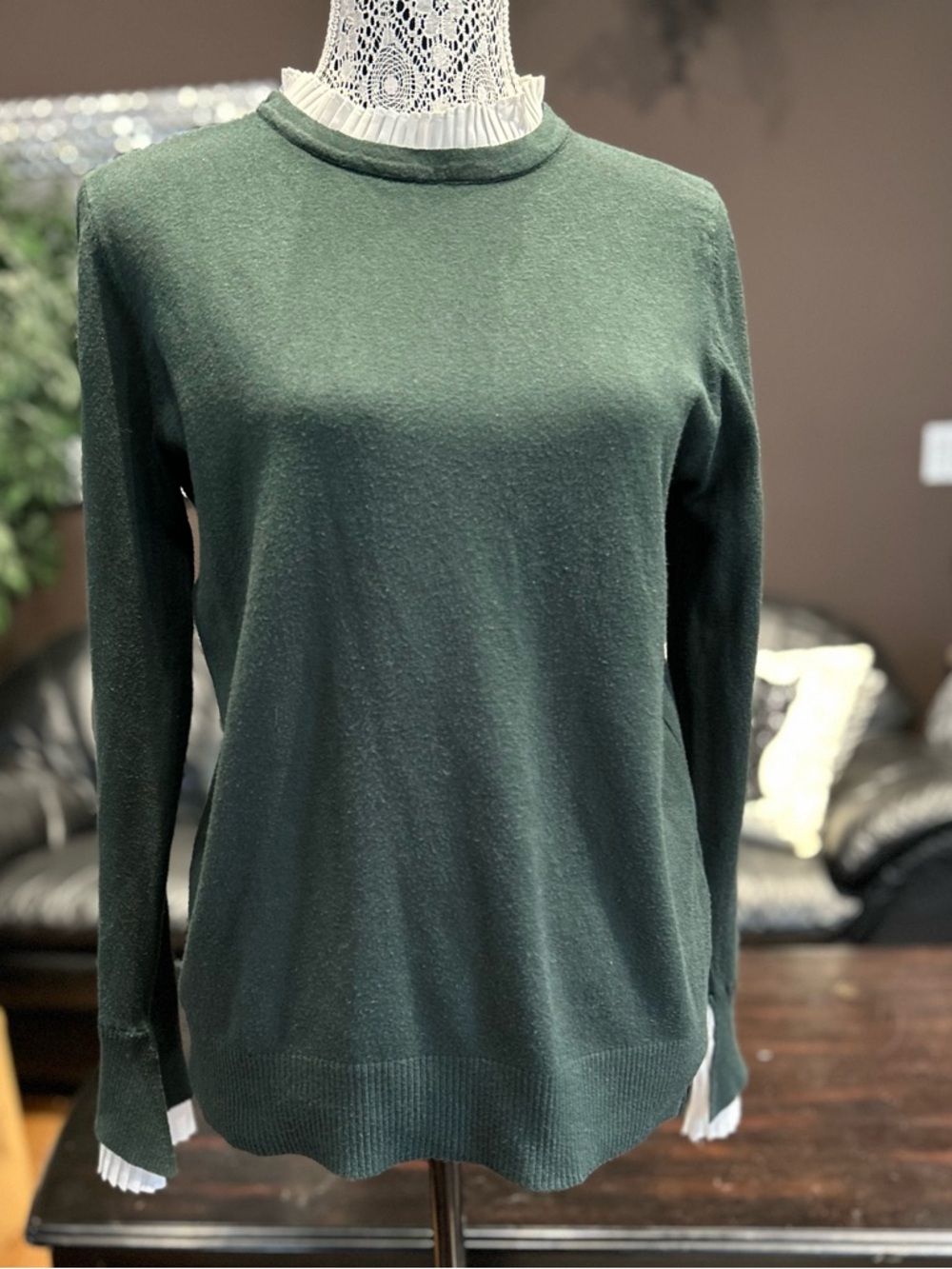 Vila Milanio Dark Green Sweater with White Pleated Trim